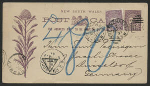 NSW: 1891 Centennial 1d violet postal card with added 1d Centennial tied ‘THE EXCHANGE/MY1/91/NSW -1134’ duplex cancel to Germany with Bavarian ‘K.B. BAHNPOST’ TPO d/s on face, taxed with Sydney ‘T’ inverted triangle cachet & rated "4d / 80" (pfennig) pos