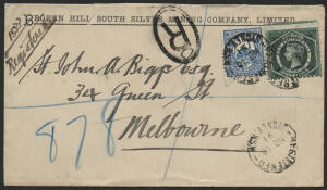 NSW: 1891 ‘Broken Hill South Silver Mining Company’ cover with QV Diadem 5d green and Emu 2d tied ‘REGISTERED/NO10/91/SYDNEY NSW’ cds paying double 2d per ½oz rate plus 3d registration fee, ‘REGISTERED/NO11/91/MELBOURNE’ arrival b/s, couple of minor blemi