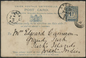 NSW: 1893 Numeral 1½d blue Reply Postal Card with unused reply portion attached sent to “Grand Turk, Turks Islands, West Indies” with Sydney duplex cancel & lengthy personal message to sister including Christmas greetings, Vancouver ‘FE11/94’ (partial) & 