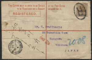 NSW: 1898 Registered Envelope QV 3d red to Japan with QV 6d brown ‘SEVEN-PENCE/HALPENNY’ overprint tied ‘R’ in oval cachet & ‘REGISTERED/JY16/98/SYDNEY NSW’ cds for triple 2½d rate, NAGASAKI/19/AUG/98/JAPAN’ transit and local arrival b/s, couple of blemis