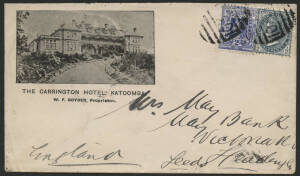 NSW: 1899 ‘The Carrington Hotel, Katoomba, WF Goyder, Proprietor’ illustrated advertising cover sent to England with QV ½d grey & 2d blue tied barred numeral ‘1036’ and ‘KATOOMBA/JA15/1899/NSW’ b/s, fine condition.