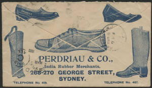 NSW: 1900 ‘Perdriau & Co. India Rubber Merchants’ advertising cover with all-over illustrations on back of ‘Candee' brand Rubber Shoes, Boots and Gators sent to USA with QV ½d green & Arms 1d red x2 tied Sydney ‘JA18/00’ duplex cancels, couple of minor bl