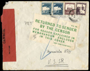 1941 (Feb.16) censored cover Jaffa - U.S.S.R. with an adhesive label in green "RETURNED TO SENDER / BY THE CENSOR / For Reason Explained in / Memorandum Enclosed / in This Cover.". Slight foxing.