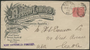 NSW: 1905 ‘Prescott Limited Grain & Produce Merchants’ illustrated advertising cover with Wheat Sheafs listing ‘Pine Apple Bacon Hams etc, Daisy Brand Butter’ sent to USA with ‘ONE HUNDRED POSTED’ h/s in violet and Arms 1d tied Sydney ‘MR3/05’ duplex payi