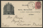 NSW: 1905 ‘Hotel Metropole, Corner Bent, Young & Phillip Streets’ illustrated private postcard with ‘First Class Residential Hotel Tariff from 10s6d per day or rooms let separately from 3s’ printed on back sent to Victoria with message in german & Arms 1d