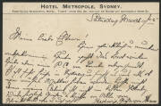 NSW: 1905 ‘Hotel Metropole, Corner Bent, Young & Phillip Streets’ illustrated private postcard with ‘First Class Residential Hotel Tariff from 10s6d per day or rooms let separately from 3s’ printed on back sent to Victoria with message in german & Arms 1d - 2