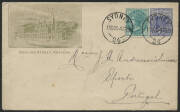 NSW: 1905 QV 2d blue envelope printed to private order with 'Resch's/Waverley Brewery' imprint on the flap and illustration of the brewery buildings ‘Dowling Street, Redfern’ in olive on face, sent to Portugal with QV ½d added tied Sydney d/s for 2½d fore