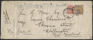 NSW: 1906 Commonwealth 9d brown & blue perf 12¼x12½ and Arms 1d red tied Sydney d/s on long cover sent to New Zealand paying quintuple 2d per ½oz British Empire rate, ‘WELLINGTON/ 30MY06/N.Z.’ arrival b/s, couple of folds & minor edge faults not affecting