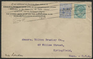 NSW: 1910 'ANGUS & ROBERTSON LTD/Booksellers to the University, the Public Library of NSW and the Parliament Library' cover sent to USA endorsed "via London" and franked QV 2d blue & ½d green both with 'A&R/Ltd' commercial perfins tied 'SYDNEY NSW / MR23 