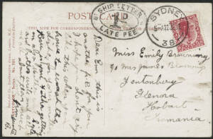 NSW: 1912 inwards postcard with New Zealand 1d Universal tied 'SYDNEY/22JE12' arrival d/s where double-oval 'SHIP LETTER/ 1D /LATE FEE' handstamp applied alongside, fine condition.