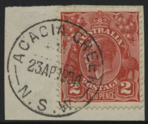 NSW: Acacia Creek: ‘ACACIA CREEK/23AP1934/N.S.W’ cds on KGV 2d red on piece. PO 16.1.1880; TO 1.10.1959; closed 30.12.1964.