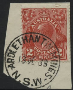 NSW: Ardlethan Tin Mines: ‘ARDLETHAN TIN MINES/18JL38/N.S.W’ cds on KGV 2d red on piece. RO 1.5.1913; PO 15.11.1913; closed 30.6.1941.