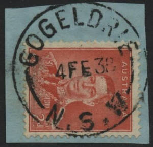 NSW: Gogeldrie: ‘GOGELDRIE/4FE38/N.S.W’ cds on KGVI 2d red on piece. PO 15.5.1933; TO 1.7.1944; closed 31.8.1945.