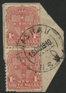 NSW: Nashua: ‘NASHAU/15OC1910/N.S.W’ cds (spelling error, recorded 1908-14 only) on Arms 1d red pair on piece. PO 10.12.1891; closed 31.7.1895; RO 17.2.1902; PO 1.1.1905; closed ?; PO 14.4.1930; closed 31.12.1976.