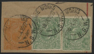 NSW: Ramornie Works: ‘RAMORNIE WORKS/10JA1922/N.S.W.’ cds on KGV ½d green x2 on KGV 4d orange Registration Envelope piece. Renamed from Ramornie PO 1.8.1906; TO 25.2.1927; closed 30.6.1955. [Latest recorded date for this datestamp and no later postmark is