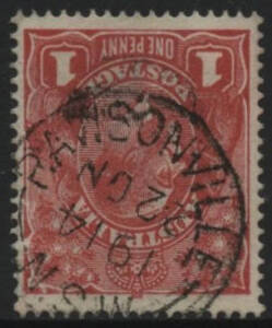 NSW: Rawsonville: ‘RAWSONVILLE/NO22/1914/N.S.W' cds (date plugs inverted) on KGV 1d red. Renamed from Belarbigill PO 7.12.1903; closed 23.11.1935.