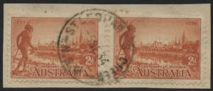 NSW: St. Leonard’s Creek: 'ST. LEONARDS CREEK/-5SE34/N.S.W’ cds on 2d Vic Centenary x2 on piece. PO 1.11.1890; TO 27.2.1946; closed 15.7.1955.