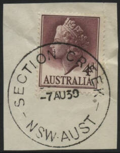 NSW: Section Creek: ‘SECTION CREEK/-7AU60/NSW-AUST’ cds on QEII 4d lake (crease) on piece. PO 8.12.1958; closed 13.2.1962. [Snowy Mountains Scheme construction camp]