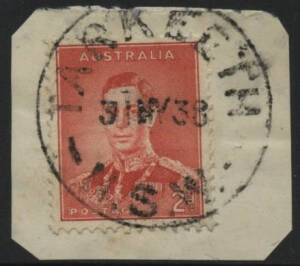 NSW: Tarkeeth: ‘TARKEETH/31MY38/N.S.W.’ cds on KGVI 2d red on piece. TO 24.5.1926; RO 1.11.1926; PO 1.7.1927; TO 1.11.1940; closed 22.3.1946.