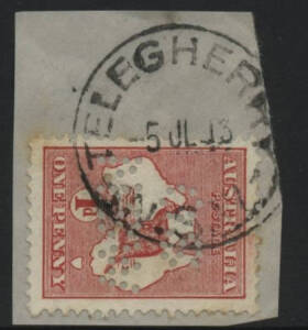 NSW: Telegherry: ‘TELEGHERRY/-5JL13/N.S.W’ cds on Kangaroo 1d red punctured ‘OS/NSW’ on piece. RO 15.4.1882; PO 1.5.1911; closed 14.12.1916. [The only recorded strike of this datestamp, which is the only postmark known from this office]