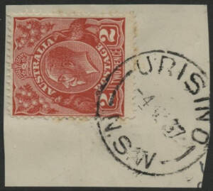 NSW: Urisino: ‘URISINO/-4AU37/N.S.W' cds on KGV 2d red on piece. PO 12.11.1928; closed 31.1.1967. [This datestamp is recorded used 1929-37 only and no later postmark is known from this office]