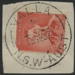 NSW: Valla: ‘VALLA/13SE37/N.S.W-AUST’ cds on KGVI 2d red (corner fault) on piece. Renamed from Deep Creek PO 1.2.1906; closed 29.9.1942.