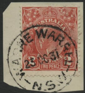 NSW: Warre Warral: WARRE WARREL/23OC31/N.S.W’ cds (spelling error) on KGV 2d red on piece. RO 15.2.1911; PO 15.8.1912; closed 1.9.1934.