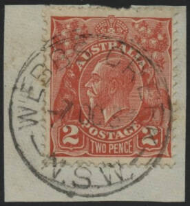 NSW: Webb’s Creek: ‘WEBBS CREEK-7OC33/N.S.W.’ cds on KGV 2d red on piece. RO 20.8.1891; PO 1.1.1927; closed 28.2.1950.