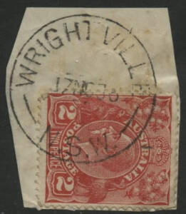 NSW: Wrightville: ‘WRIGHTVILLE/17NO36/N.S.W.’ cds (type 2C, only recorded date) on KGV 2d red on piece. PO 6.9.1897; TO 3.10.1931; closed 27.10.1933; PO 11.11.1935; closed 28.2.1958.