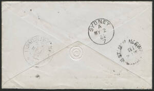 NSW: TPO West: ‘TRAVELLING PO WEST No.2/MY1/82/NSW’ cds (27½mm diameter, no arcs, similar to type 2W4 listed used from 1883 but inscription transposed, unrecorded by Peck) transit b/s on cover to Sydney with QV 2d blue tied indistinct numeral & ‘BURRAGA/1