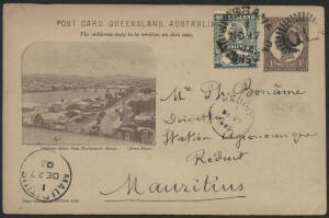 Queensland: 1902 QV 1d brown illustrated Postal Card 'Brisbane River from Parliament House' view sent to Mauritius with lengthy message written in French and QV ½d green added tied Brisbane ‘NO17/02’ duplex cancel, ‘MAURITIUS/DE27/02’ transit and ‘REDUIT/