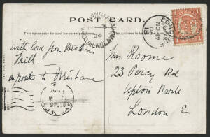 Queensland: 1906 ‘Federal Labour Party, Second Parliament’ postcard sent to England with short message "With love from Brother Mill en route to Brisbane" and QV 1d orange punctured ‘OS’ tied bars cancel & ‘WALLANGARRA/OC15/06/QUEENSLAND’ cds, London ‘NO17