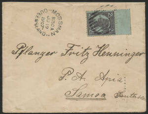 Queensland: 1907 cover to "Pflanzer Fritz Henniger, PA Apia, Samoa, Southsee" with QV 2½d violet on blue tied barred numeral '527' and ‘MOSSMAN/JU19/1907/QUEENSLAND’ cds, Sydney transit and ‘APIA/31.7.07/SAMOA’ arrival b/s, fine condition. [Samoa was a Ge