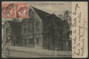 Queensland: 1908 ‘Normal State School, Brisbane’ postcard sent to Bulgaria (!) with message in Esperanto QV 1d orange x2 tied Brisbane ‘NO23/08’ cds, indistinct ‘15/XII’ arrival d/s on address side, couple of minor blemishes.