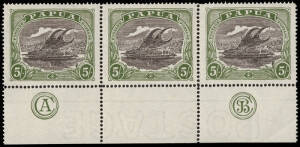 1916-31 (SG.104) 5/- Black & Deep Green, CA & JBC MONOGRAM strip; superb.