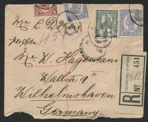 Queensland: 1909 'R/CHARTERS TOWERS’ large black on white registration label on cover to Germany with QV ½d green, 1d orange and 2d blue x2 (two partly folded over edge) tied oval 'R' cachets and ‘REGISTERED/MR8/09/CHARTERS TOWERS’ cds alongside, edge fau