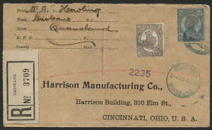 Queensland: 1910 ‘R/BRISBANE’ large black on white registration label on ‘Harrison Manufacturing’ envelope sent to USA with QV 3d brown & 2½d violet on blue tied oval ‘R’ cancels and ‘REGISTERED/2-AU10/BRISBANE’ cds in blue alongside, ‘SEATTLE, WASH/ AUG/