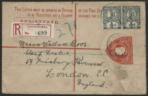 Queensland: 1912 KEVII 3d red Registration Envelope to England with QV ½d green pair added tied ‘REGISTERED/16MR12/TOOWOOMBA cds with ‘R/TOOWOOMBA’ small red label alongside, ‘REGISTERED/BRISBANE’ transit in blue and ‘REGISTERED/LONDON/21AP21’ hooded-circ