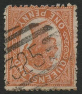 Queensland: Barred Numerals: ‘325’ (rated RRR) on QV 1d orange. Allocated to Norton PO 17.1.1880; RO 1.8.1892; PO circa -.3.1905; closed circa -.1.1909.