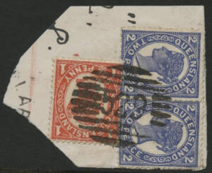 Queensland: Barred Numerals: ‘529’ (rated RRRR) on QV 1d orange & 2d blue x2 on piece with small part d/s alongside. Allocated to Collaroy PO circa -.1.1895; closed circa 1922.