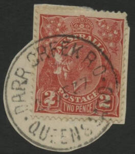 Queensland: Darr Creek: 'DARR CREEK RO/27SE37/QUEENSLAND' cds (rated RR) on KGV 2d red (faults) on piece. RO 1923; PO 1927; closed 1957.