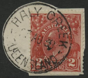 Queensland: Haly Creek: 'HALY CREEK/23AU38/QUEENSLAND' cds (rated RR) on KGV 2d red on piece. PO 1927; closed 3.3.1955.