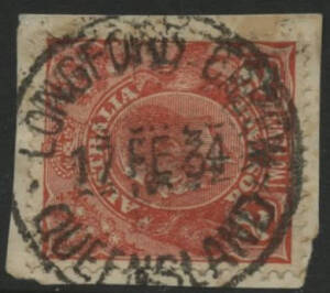 Queensland: Longford Creek: 'LONGFORD CREEK/17FE34/QUEENSLAND' cds (rated RRRR) on KGV 2d red on piece. PO 1927; closed 30.6.1976. [The only recorded date for this d/s]