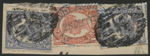 Queensland: Mount Morgan: ‘MOUNT MORGAN/28DEC97/QUEENSLAND’ double-oval d/s in blue on QV 1d orange & 2d blue x2 on registered piece with poor strikes of barred numeral ‘394’ alongside. RO 17.7.1884; PO 18.5.1885. [Not recorded by Ken Smithies]