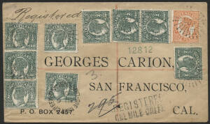 Queensland: One Mile Creek: ‘ONE MILE CREEK/AU6/96/QUEENSLAND’ cds (rated RR) on QV ½d green x9 & 1d orange also tied numeral-in-rays ‘103’ (rated R) with ‘REGISTERED/ONE MILE CREEK’ cachet alongside on ‘Georges Carrion, San Francisco’ envelope to USA, ‘V
