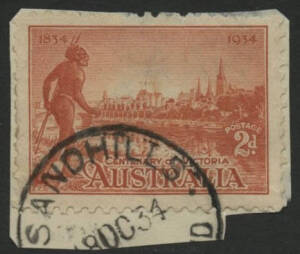 Queensland: Sandhills: ‘SANDHILLS/18OC34/[QUEENSLAN]D’ cds (rated RR) on 2d Victorian Centenary on piece. Renamed from Fishergate RO circa 1908; PO 24.12.1923; closed 5.9.1937.