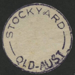 Queensland: Stockyard: ‘STOCKYARD/[ ]/QLD-AUST’ cds (rated RRR) per favour strike in violet without dateline on cut-to-shape piece. [Telegraph and/or Telephone Office only; Stockyard Creek RO opened 5.9.1888, closed circa 1916/17; other dates unknown]