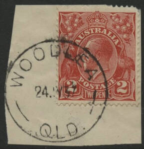 Queensland: Woodlea: ‘WOODLEA/24JY37/QLD.’ cds (rated RRR) on KGV 2d red on piece. RO circa -.2.1904; PO 1.7.1927; closed circa -.11.1930; PO 9.9.1936; closed 4.7.1969.