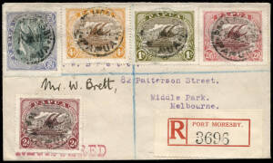 1921 (July 27) Port Moresby - Melbourne, colorful registered cover bearing 5 diff. bi-coloured Lakatois, 2d, 2½d, 4d, 1/- & 2/6. With Melb. and South Melb. b/stamps.