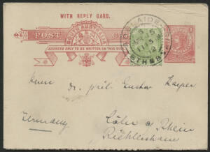 Sth Aust: 1912 QV 1d + 1d red Reply Postal Card (large ‘WITH REPLY CARD’) sent to Germany with lengthy personal message in German and GPO ½d green added tied Adelaide ‘MR15/12’ cds, unused reply card still attached unused but uprated with GPO ½d green to 